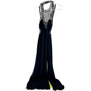 Cache Evening Gown Jeweled Beaded Embellished High Neck Mesh Formal Navy Blue 2